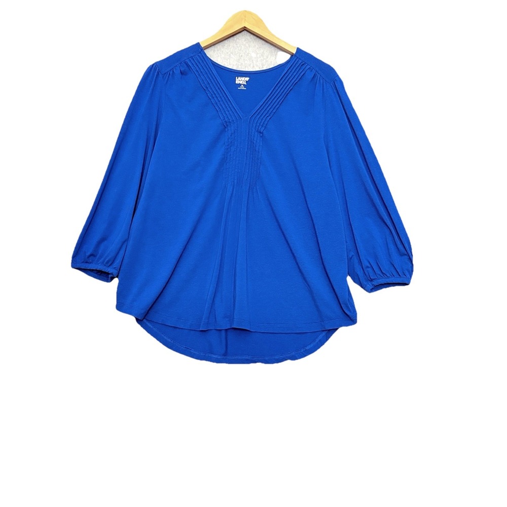 Lands' End Women Size 1X Blue Pleated Modal Blend Balloon Sleeve Knit Top Casual